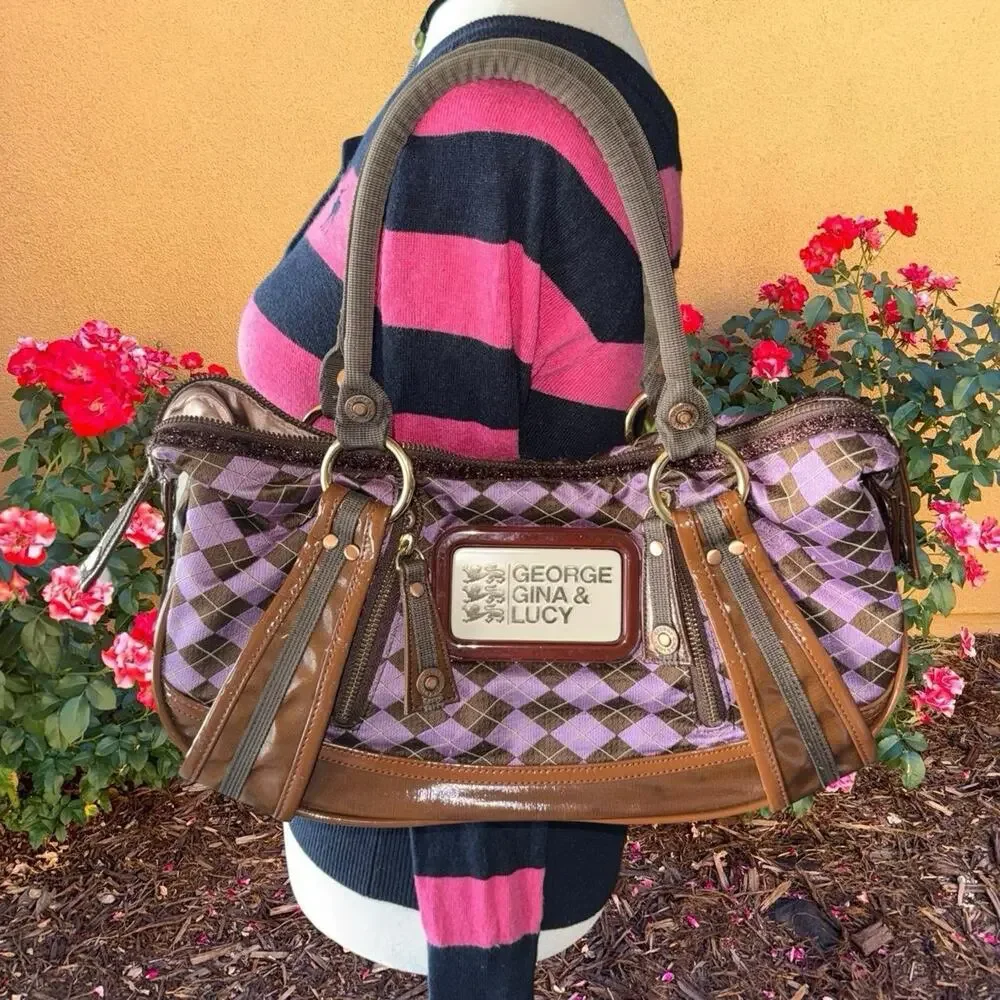 George Gina & Lucy rare Vtg 90s purple &brown argyle handbag with brown leather